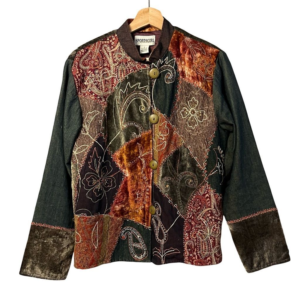 Vintage Sportsgirl Womens Velvet Patchwork Tapestry Jacket Size S Artsy Boho